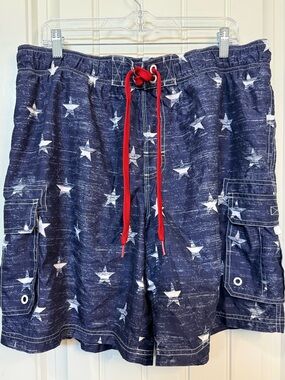 CASCADE SPORT, Men’s Navy Star Print Swim Trunks with Red Drawstring Size XL